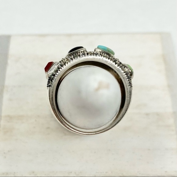 Sterling 925 Boho Marcasite Turquoise Blue Onyx Jasper Agate Ring Size 6 - Picture 7 of 14